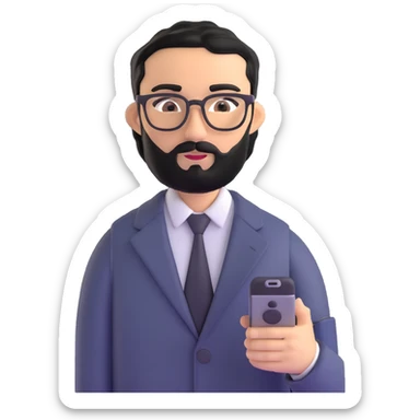 full body standing pose of same professional man with medium black beard, neat black hair, connected unibrow, olive tan skin, brown eyes, glasses, prominent nose, dressed in formal black jacket, with mobile phone sticker