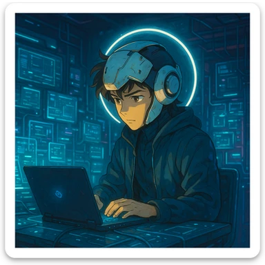 ghibli style futuristic tech boy with robot helmet, glowing white circle, high-tech laptop, neon cyberpunk room, holographic displays, focused, mysterious sticker
