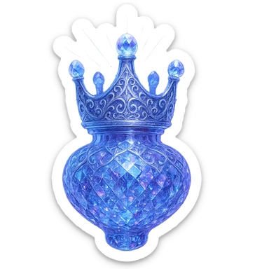 ultra luxurious crystal elixir bottle shaped like a crown, color #7986cb, multi-layered holographic and silver filigree, intricate crystal texture, magical glowing and sparkling effects, radiant light beams, very small neck, seamless and beautifully rounded joined bottom (not flat or open like a glass), transparent background, bottle clearly floating in air, no base or shadow, not standing, modern, collection style, extremely beautiful and refined sticker