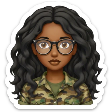 black Girl with long wavy black hair and glasses and a camo shirt sticker
