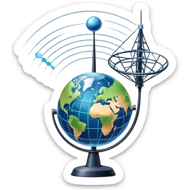 An icon featuring a satellite dish, cell tower with signal waves, and an earth, connected by lines, symbolizing telecommunications. The design includes data signals, network nodes, and a mobile device, representing global digital communication. Transparent background sticker