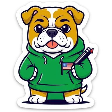 A bulldog wearing a green sweatshirt holding a little green flag sticker