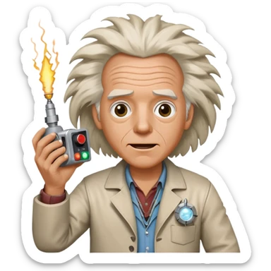 Doc Brown from Back to the Future, holding a flux capacitor, excited face, wild hair sticker