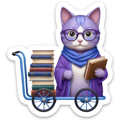 Purple and blue cat with reading glasses and a shawl, standing behind a 4 wheeled pushcart full of books sticker