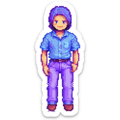 Minecraft character, pixel art style, blocky figure with blue shirt and purple pants sticker