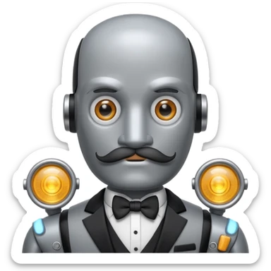 Gray Robot with a cylindrical head, thick handlebar moustache, headlight eyes, wearing a tuxedo, buff sticker