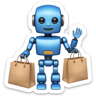 black friday robot with blue and metalic colours with bags in his hands smiling sticker