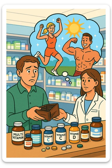 a man stands at a pharmacy counter, handing over a nearly empty wallet to the cashier while the counter is filled with bottles of supplements and vitamins. His expression is hopeful but slightly anxious. In the background, a thought bubble shows exaggerated images of instant health and fitness, symbolizing unrealistic expectations.  sticker
