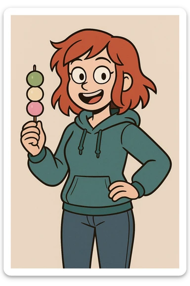 A girl red hair teal women's hoodie blue jeans Dango holding  sticker