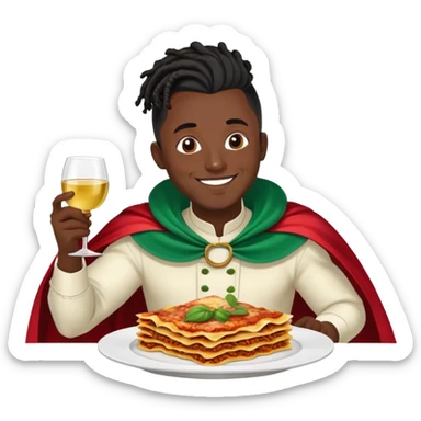  High fade widows peak ponytail dreadlock male black hair dark skin smiling and nigerian cape eating lasagna and wine  sticker