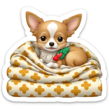 Long haired chihuahua, beige head, white chest and socks, sleeping cutely under blanket sticker