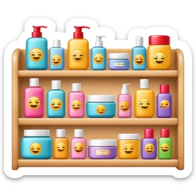 emoji of front view beauty product shelf with last item with brand label sticker
