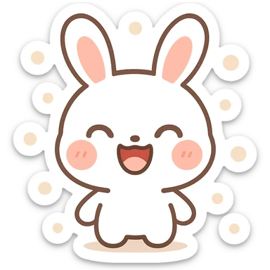 kawaii cartoon bunny, white with soft pink cheeks, large upright ears with pink insides, closed crescent-shaped eyes, wide open mouth laughing, rounded head, minimalistic clean lines, chibi proportions, centered, subtle shadows, warm lighting, soft features, vector pen tool, flat color palette, smooth bezier curves, thick dark outlines, simplified color shading, high-contrast expression, emoji character design, sticker-ready sticker