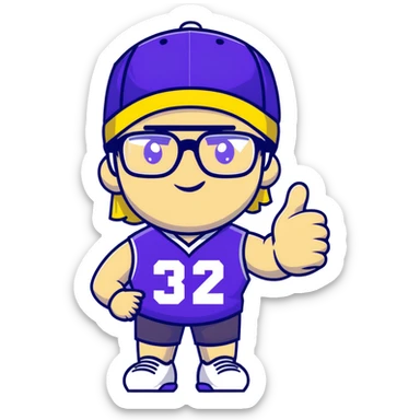Man with black and white cap, purple sports jersey with number 32, clear glasses, light blond mullet hairstyle, thumbs up gesture, relaxed expression sticker