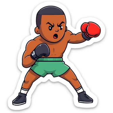 A determined 19-year-old Black male boxer throwing a punch, wearing boxing shorts and gloves sticker