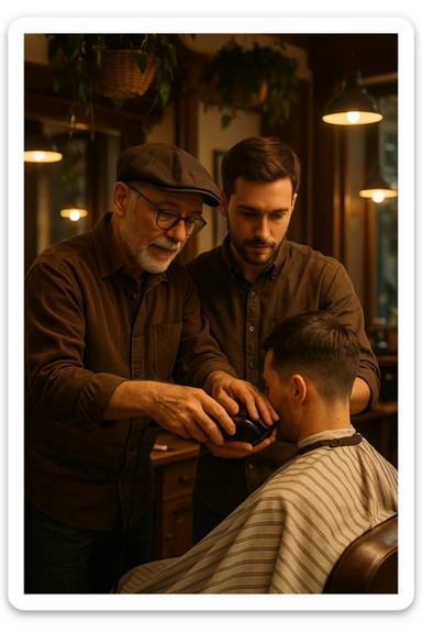 Inside a cozy barbershop with soft lighting, an experienced barber gently teaches his apprentice, guiding his hands as they cut hair together. The room is filled with warmth, plants hanging from the ceiling, and the hum of clippers sticker