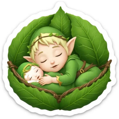 Baby elf sleeping in leaf cradle sticker