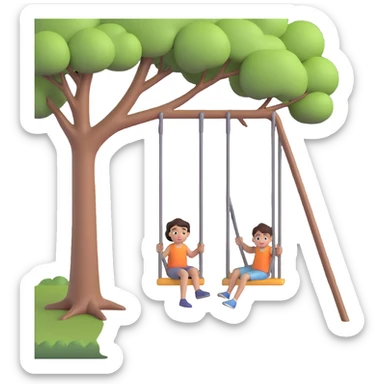 A person pushing a swing with a child sitting on it, outdoors, under a tree, in daylight. The swing is moving back and forth. Focus on the motion of swinging and the person gently pushing it sticker