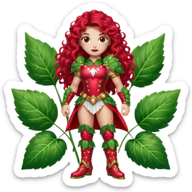 full body woman long curly brown hair brown eyes white skin tattoos muscular build dressed as strawberry spirit, glossy berry armor, leaf boots, confident pose sticker