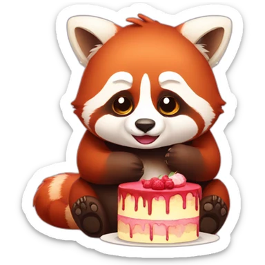 tired sad red panda sitting and eating cake sticker