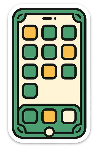 iPhone facing forward with visible app icons, classic look, green gold and white color scheme, elegant lines, decorative details sticker
