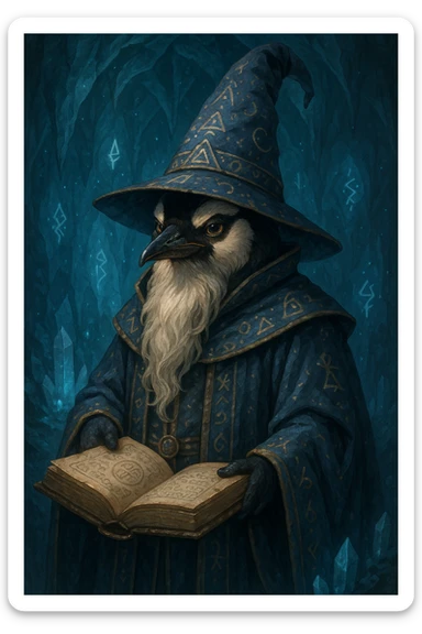 a wise penguin wizard with a long beard, holding an ancient book, in a detailed fantasy style sticker
