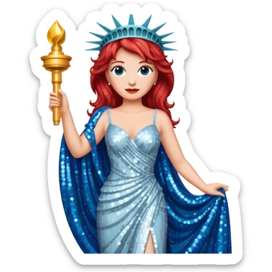 Lady Liberty from Film Studios with red wavy hair, white sequin gown, blue sequin drape sticker