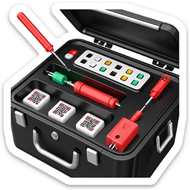 An open, black outdoor test case.Interior: control panel with colored test jacks, USB ports, and a power outlet. A red test probe is located next to it. On the left side of the case is a large roll of white, round test labels displaying QR codes.  sticker