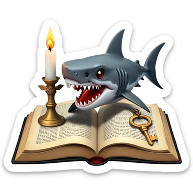 Icon for Horror & Mystery Reading: an open book with eerie glowing symbols, from which rise Dracula with fangs, flying bats, a zombie hand, and a lurking shark with sharp teeth. Surrounding elements include a flickering candle and an old key. Transparent background. sticker