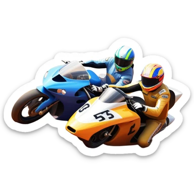 A sleek racing car and motorcycle speeding on a track, leaving a trail of dust behind. The scene captures the thrill of high-speed competition, with blurred motion and vibrant colors, highlighting the dynamic energy of motorsport. sticker