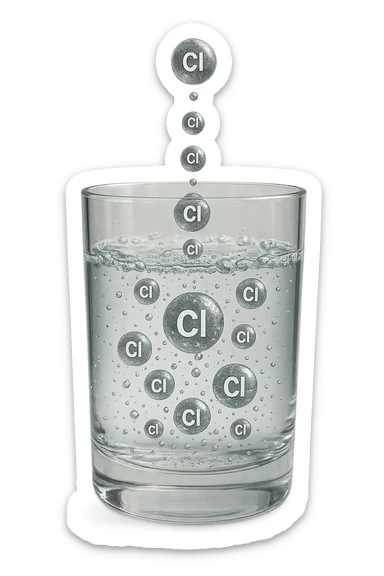 un bicchiere di acqua realistico e dettagliato fluttua in aria, dentro l'acqua del bicchiere ci sono particelle di cloro ben visibili con la scritta "Cl" sopra, ci sono particelle anche che escono dal bicchiere e fluttuano in aria verticalmente, mentre alcune sono all'interno dell'acqua nel bicchiere, iperrealistico 4k sticker