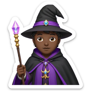 Wizard, black cloack with black hat, wand with purple magic, anime style, 3d sticker