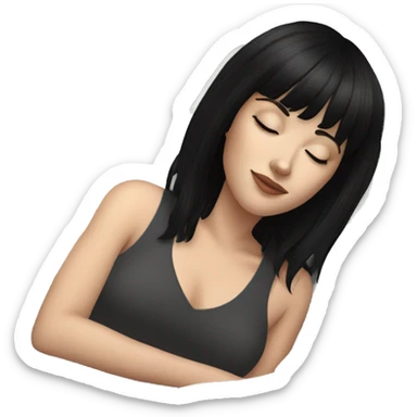 Woman pale skin black hair with bangs sleeping in bed, white woman sticker