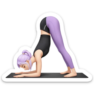 Девушка белокожая в позе собака мордой вниз, с длинными светло-лиловыми волосами, в черном топе, в серых спортивных штанах, с черными ресницами sticker