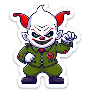 evil clown warrior, bald, very short devil-like horns on forehead, fangs, pointed ears, black and military green leisure suit, battle-ready fighting posture sticker