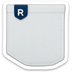 white tshirt with navy letter r on breast pocket sticker