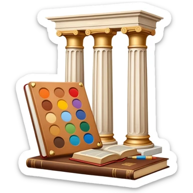 An icon featuring a paint palette, a sculpture, and a book, symbolizing the study of culture and art. The design includes a classical column and a canvas, representing art history and cultural exploration. Transparent background highlights the connection between creativity and history. sticker