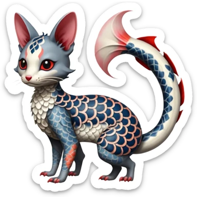 Japanese oriental Asian Edgy badass swimmy wet painted intricate ornate Japanese Asian koi-Minccino-Lykoi-Emolga-Sphynx-Linoone-Zangoose-fusion-hybrid-animal-Fakémon-creature, full body, thin long sleek scaly tail, intricate markings sticker