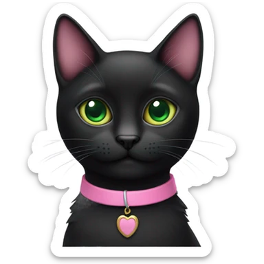 small black cat with big green eyes and pink collar sticker