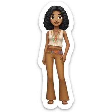 Tanned woman with black hair dressed in 1970s hippie attire, hair, makeup, and attire sticker