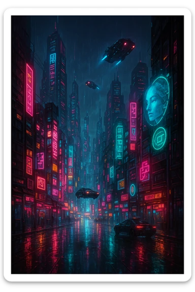 cyberpunk cityscape, neon lights, sci-fi sticker