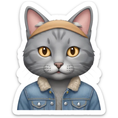 Gray cat with calm eyes, half body, jean jacket sticker