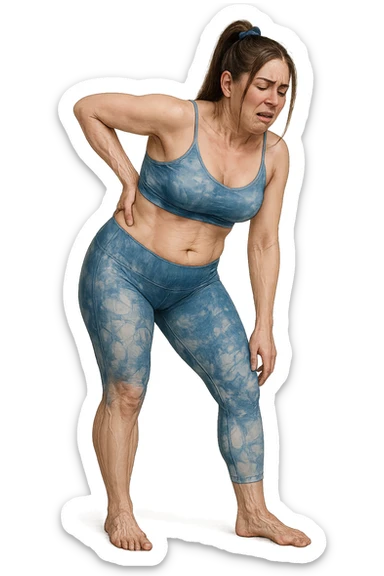 a woman in her 30s  holding her lower back with a pained expression. Subtle visual cues, like uneven shoulders or hips, hint at postural asymmetry. symbolizing chronic pain over the years. vista anatomicamente sticker