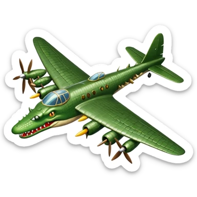 WWII bomber plane with a crocodile's head as the nose mouth wide open sharp teeth metallic textures wings and propellers emoji style satirical surreal sticker