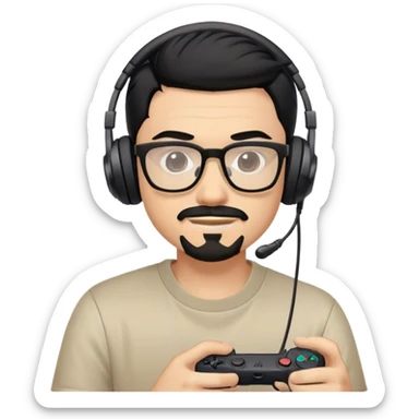 Muchacho guapo con cabello negro con lentes con barba de candado con audífonos jugando playstation  sticker