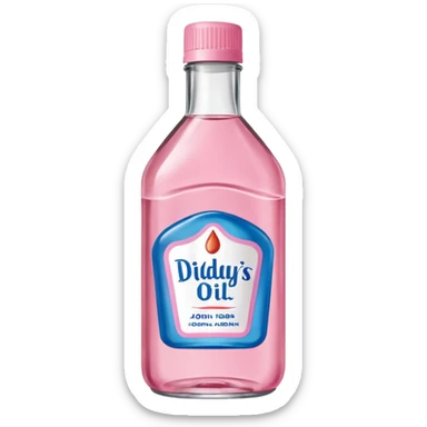 bottle of oil blue top pink outside with logo that says Diddys Oil Johnson and Johnson bottle  sticker