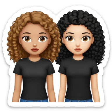 2 pretty bratz fair girls. One has straight brown hair and is tan, wearing a white tshirt. One is fair with curly black hair, wearing a black tshirt  sticker