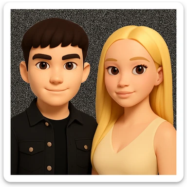 Slightly increase the volume of the upper body of the girl, separate the girl and the boy from each other, make the skin color the same for both characters, while preserving the cartoonish 3D style. sticker
