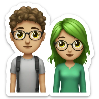 A heavy set boy with brown hair blue eyes and a mustache is kissing a green haired girl who is thin with green eyes and wearing glasses sticker