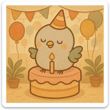 Change the background to a party venue with pastel-tone party decorations and balloons. Keep the baby pigeon happily on top of the cake as is. The illustration style should be soft and gentle. sticker